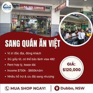 Sang quán ăn đông khách ở Dubbo - thu nhập cao, có bảo lãnh visa 482